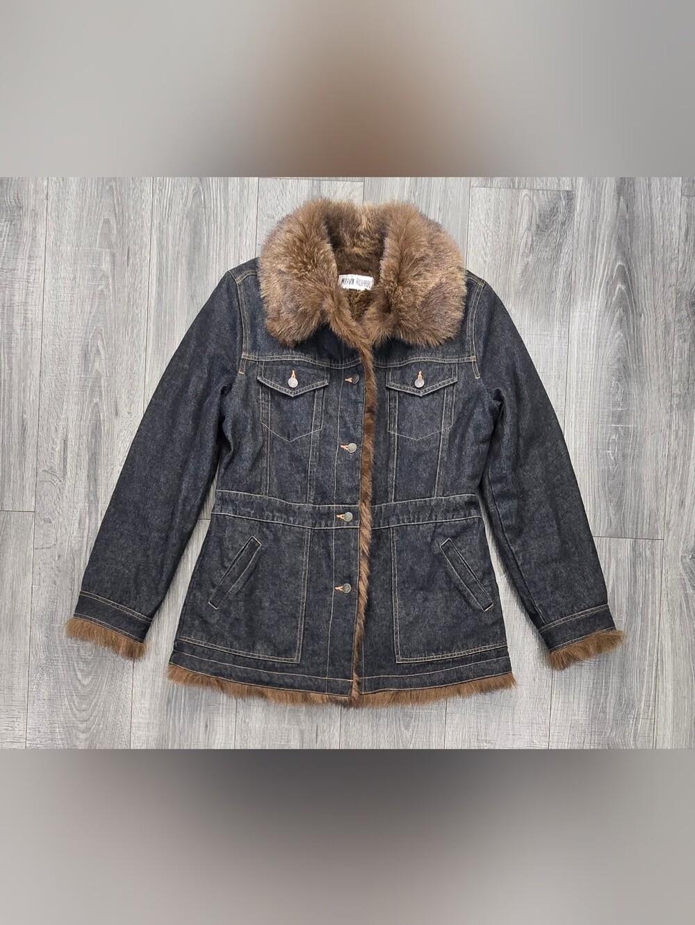 Marvin Richards Black Denim Jacket with Brown Faux Fur Trim
